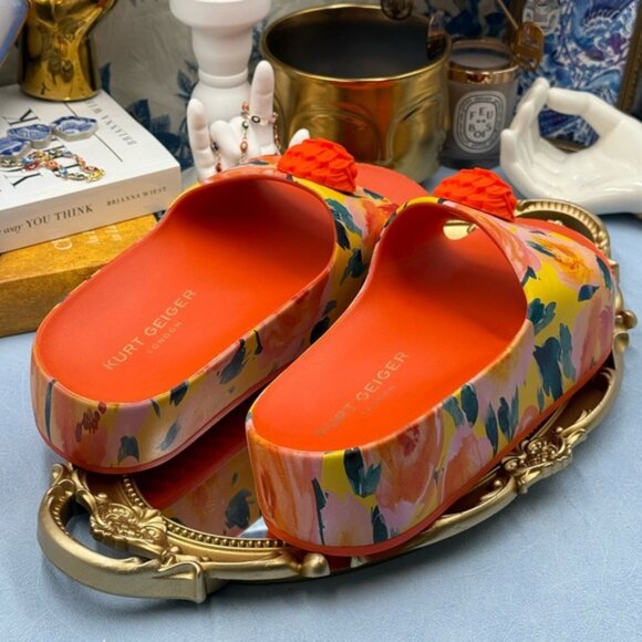 🆕 KURT GEIGER LONDON 🧿 NWOB Eagle Chunky Rubber Slide, Orange Floral, Sz US 7 - Picture 10 of 14
